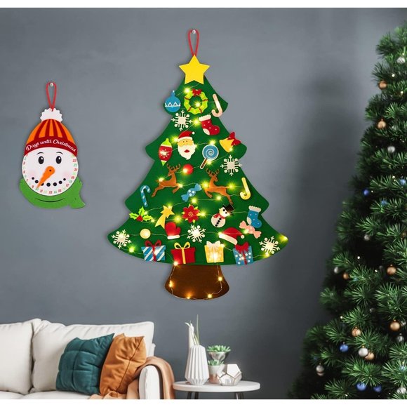 3ft DIY Lighted Felt Christmas Tree Set Plus Snowman 33 Ornaments Kids Gift - Picture 6 of 10